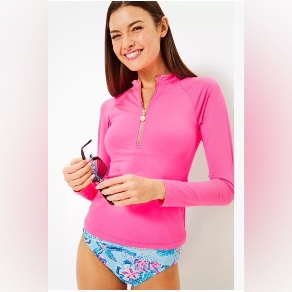 LILLY PULITZER Nayte Rashguard Swimtop in ROXIE PINK SPF50+ size 14 BRAND NEW